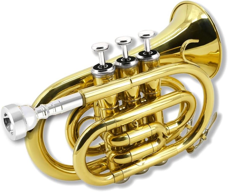 YoungMonic Pocket Trumpet Bb Flat Brass Trumpet for Beginner Student with 7C Mouthpiece Carrying Hard Case Cleaning Cloth Gloves - Image 3